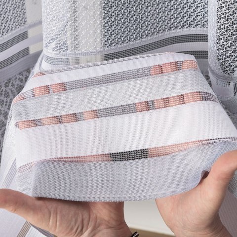 Firanka żakardowa ze wzorem pasowym, wysokość 150cm, kolor 049 szary 017834/000/049/000150/1