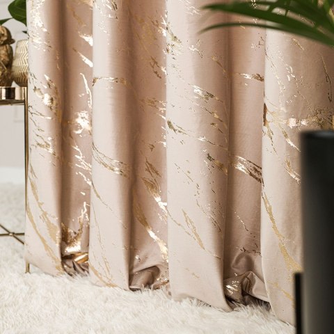 MARMA Zasłona gotowa na przelotkach, szerokość 140cm x wysokość 250cm, kolor 003 jasny beżowy ze złotym nadrukiem na VELVI TD003