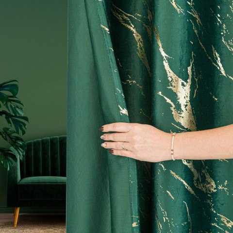 MARMA Zasłona gotowa na przelotkach, szerokość 140cm x wysokość 250cm, kolor 010 ciemny zielony; butelkowy ze złotym nadrukiem n