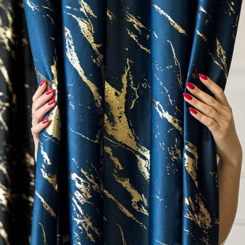 MARMA Zasłona gotowa na przelotkach, szerokość 140cm x wysokość 250cm, kolor 011 granatowy ze złotym nadrukiem na VELVI TD0033/Z