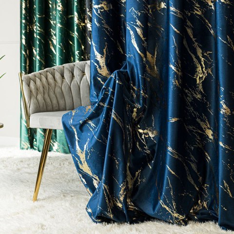 MARMA Zasłona gotowa na przelotkach, szerokość 140cm x wysokość 250cm, kolor 011 granatowy ze złotym nadrukiem na VELVI TD0033/Z
