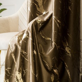 MARMA Zasłona gotowa na taśmie, szerokość 140cm x wysokość 250cm, kolor 002 brązowy ze złotym nadrukiem na VELVI TD0033/ZGT/002/