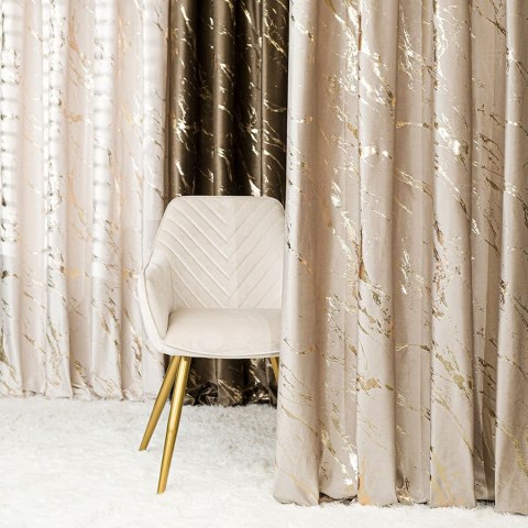 MARMA Zasłona gotowa na taśmie, szerokość 140cm x wysokość 250cm, kolor 015 ciemny kremowy ze złotym nadrukiem na VELVI TD0033/Z