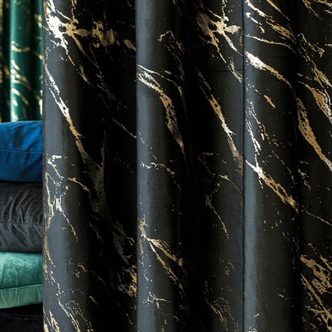 MARMA Zasłona gotowa na taśmie, szerokość 140cm x wysokość 250cm, kolor 111 czarny ze złotym nadrukiem na VELVI TD0033/ZGT/111/1