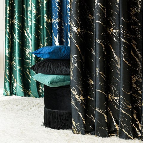 MARMA Zasłona gotowa na taśmie, szerokość 140cm x wysokość 250cm, kolor 111 czarny ze złotym nadrukiem na VELVI TD0033/ZGT/111/1