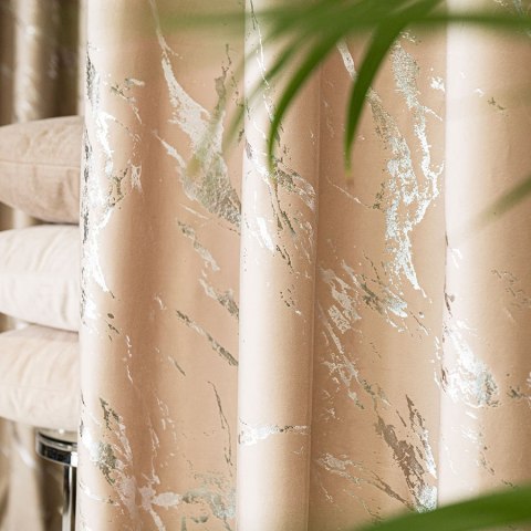 MARMA Zasłona gotowa na taśmie, szerokość 140cm x wysokość 250cm, kolor 003 jasny beżowy ze srebrnym nadrukiem na VELVI TD0037/Z