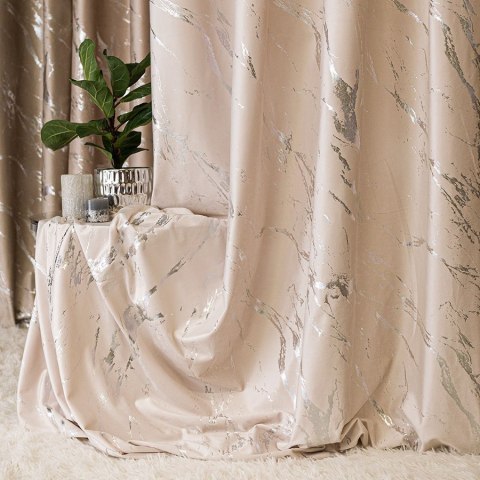 MARMA Zasłona gotowa na taśmie, szerokość 140cm x wysokość 250cm, kolor 016 kremowy ze srebrnym nadrukiem na VELVI TD0037/ZGT/01