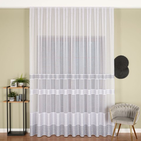 Firanka fantazyjna z ołowianką, wysokość 300cm, kolor 007 biały z jasnoszarymi pasami 001827/OLO/007/000300/1