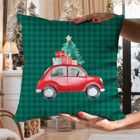 KRATA Z SAMOCHODEM, BAJKOWE ŚWIĘTA Poszewka dekoracyjna VELVET, 40x40cm, kolor 002 zielony PBN354/POP/002/040040/1