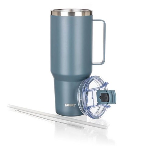STALOWY KUBEK TERMICZNY TERMOS 1200ml Z RĄCZKĄ I SŁOMKĄ BANQUET TWAIN SZARY