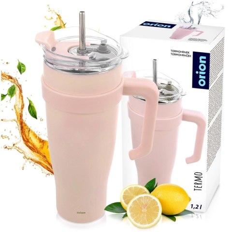 STALOWY KUBEK TERMICZNY TERMOS 1200ml Z RĄCZKĄ I SŁOMKĄ ORION 112283 RÓŻOWY