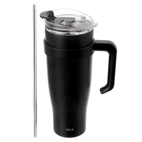 STALOWY KUBEK TERMICZNY TERMOS 1200ml Z RĄCZKĄ I SŁOMKĄ ORION 112284 CZARNY
