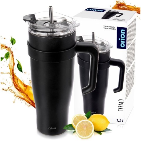 STALOWY KUBEK TERMICZNY TERMOS 1200ml Z RĄCZKĄ I SŁOMKĄ ORION 112284 CZARNY
