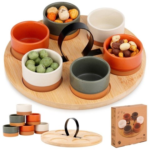 ZESTAW MISECZEK NA DREWNIANEJ TACY DO SERWOWANIA SOSÓW PRZEKĄSEK 139748