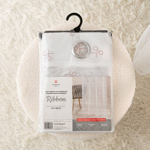 RIBBON Firana gotowa na woalu w diamentowe kokardki, na taśmie z ołowianką, szerokość 140 x wysokość 250cm, kolor 001 biały ze s