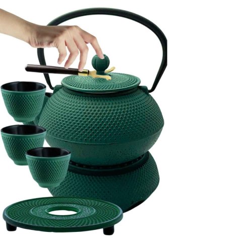 ZAPARZACZ ŻELIWNY DZBANEK ZIELONY 900ml Z PODGRZEWACZEM i FILIŻANKAMI PREZENT