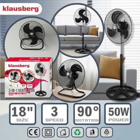 WENTYLATOR WIATRAK PODŁOGOWY BIURKOWY ŚCIENNY 3w1 KLAUSBERG KB-9042