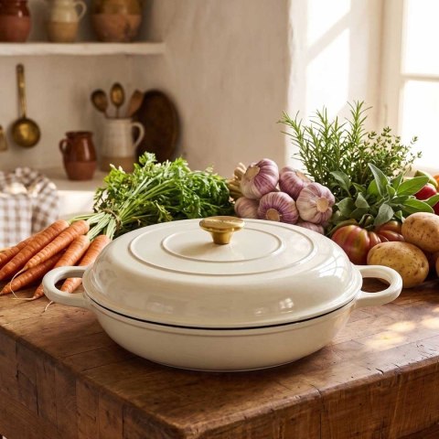 EMALIOWANY GARNEK ŻELIWNY PŁASKI 30cm 3L HAGE CREAM