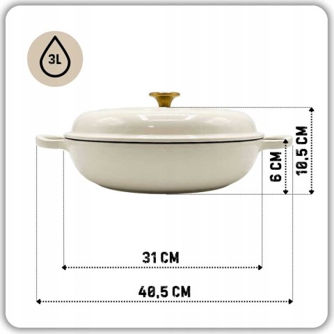 EMALIOWANY GARNEK ŻELIWNY PŁASKI 30cm 3L HAGE CREAM