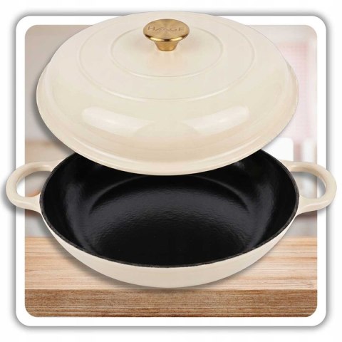 EMALIOWANY GARNEK ŻELIWNY PŁASKI 30cm 3L HAGE CREAM