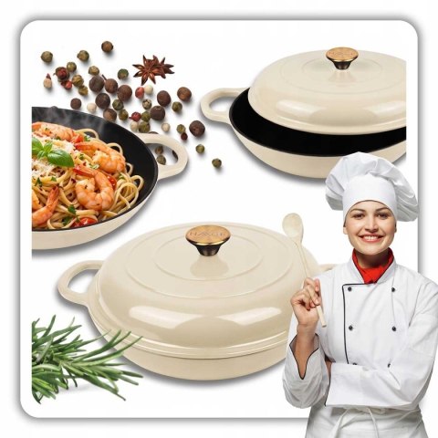 EMALIOWANY GARNEK ŻELIWNY PŁASKI 30cm 3L HAGE CREAM