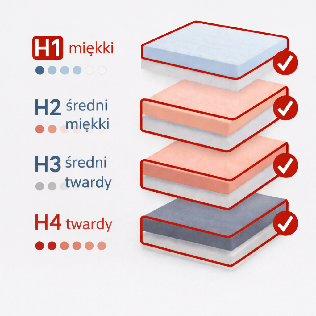 Grafika pokazująca różne poziomy twardości materacy